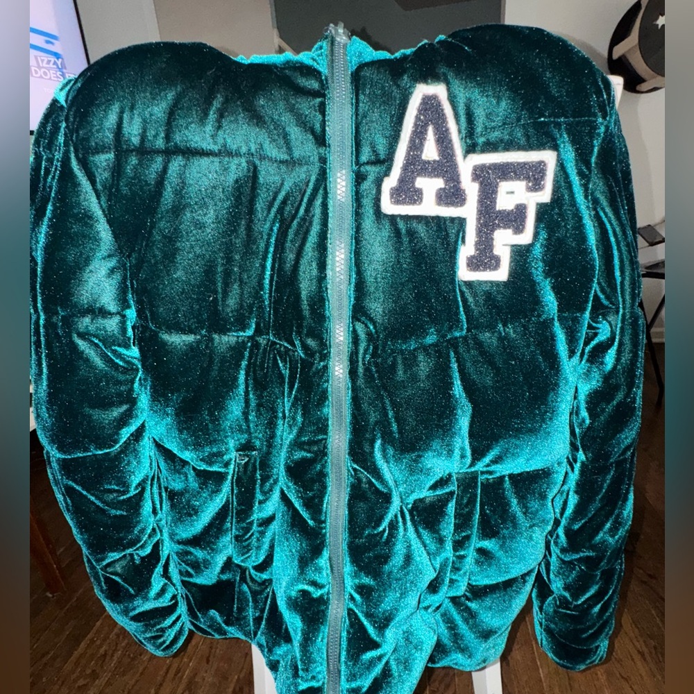 Abercrombie Kids Emerald Green Velvet Varsity Hooded Coat sz 13/14
